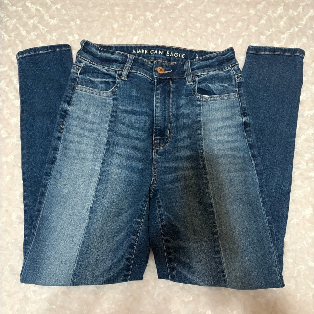 American Eagle Outfitters Two-Tone Dark and Light Blue High-Rise Jeans